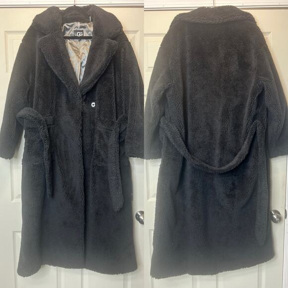 UGG Alesandra Faux Fur Wrap Coat Black Pockets Tie Waist Long Trench L / XL NWT - Picture 2 of 10